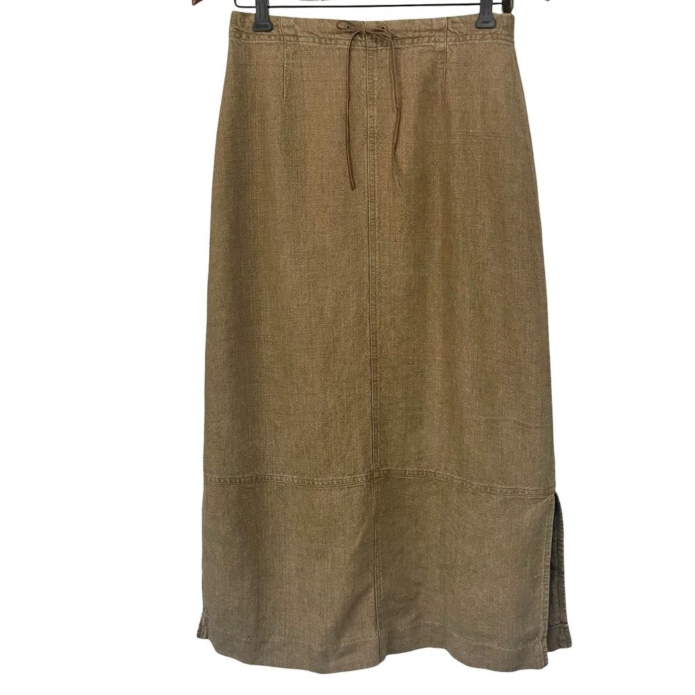 VTG J. Jill Brown 100% Linen Midi Skirt Earth Tone Drawstring Slit Size 8P Fall